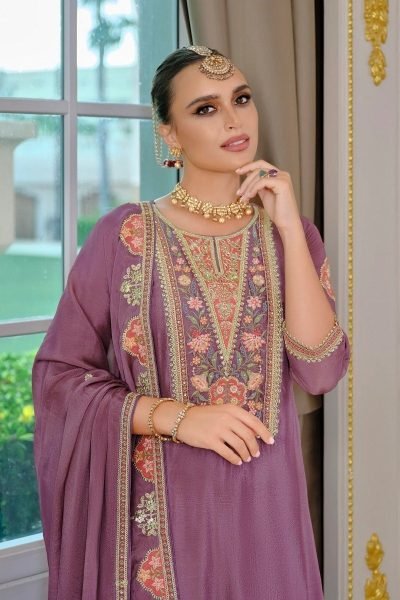 Gorgeous Purple Women's Chinon Silk Kurta Palazzo Set with Designer Dupatta Designer Plazzo Salwar Suits Wholesale