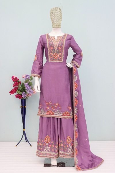 Gorgeous Purple Women's Chinon Silk Kurta Palazzo Set with Designer Dupatta Designer Plazzo Salwar Suits Wholesale