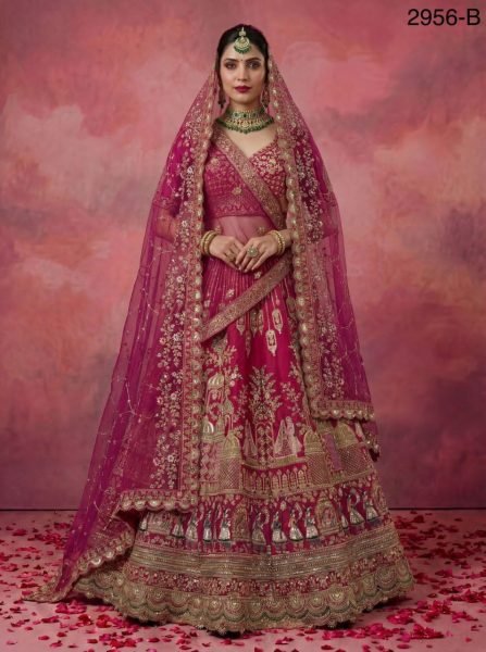 Gorgeous Rani Pink Silk Heavy Work Bridal Wear Lehenga Choli With Double Dupatta Bridal Lehenga Choli