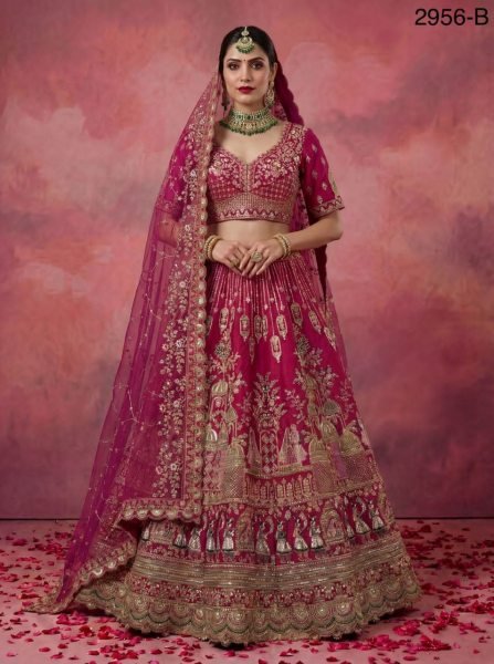 Gorgeous Rani Pink Silk Heavy Work Bridal Wear Lehenga Choli With Double Dupatta Bridal Lehenga Choli