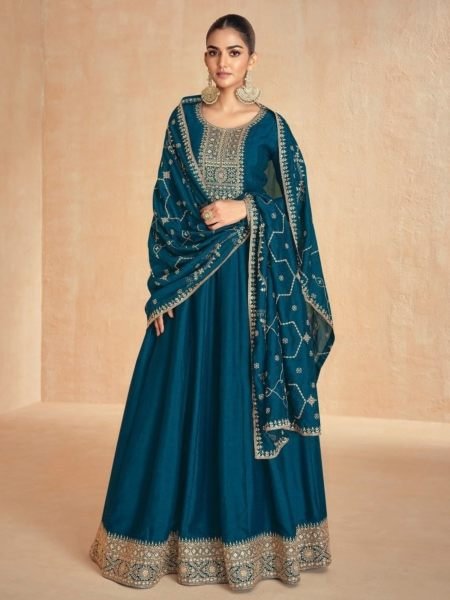 Gorgeous Teal Blue Party Wear Silk Anarkali Gown with Sequin Work at Fatory Price 