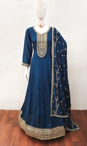 Gorgeous Teal Blue Party Wear Silk Anarkali Gown with Sequin Work at Fatory Price Anarakali Gown Wholesale