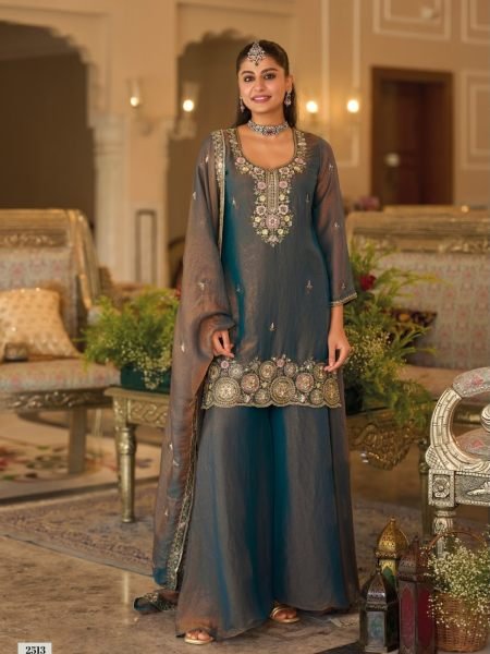 Gorgeous Teal Moch Co-Ord Set with Embellished Top, Palazzo and Dupatta For Wedding 