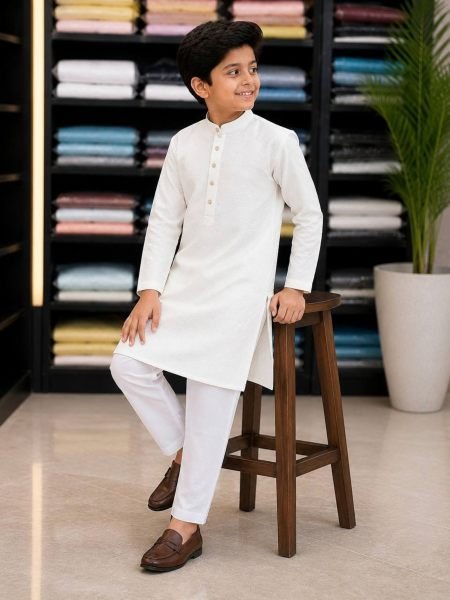 Gorgeous White Boys Traditional Silk Kurta Pyjama Set with Crossed Work For Wedding 
