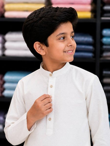 Gorgeous White Boys Traditional Silk Kurta Pyjama Set with Crossed Work For Wedding Boys Wear