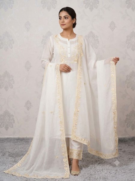 Gorgeous White Chanderi Kurti With Embroidery Neck And Sleeves Work For Party Wear Kurtis
