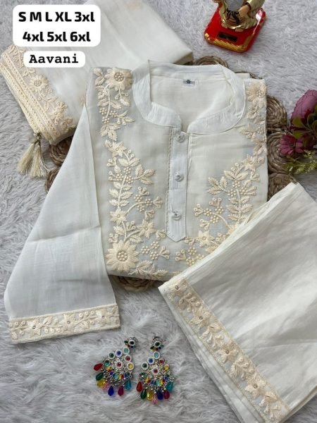 Gorgeous White Chanderi Kurti With Embroidery Neck And Sleeves Work For Party Wear Embroidery Kurtis 