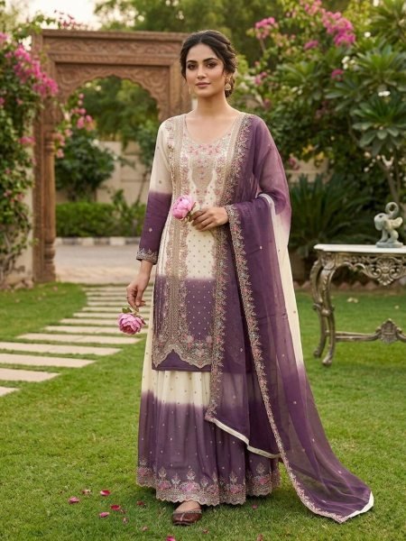 Gorgeous White Dual Tone Georgette Palazzo Suit with Embroidery for Party Wear 