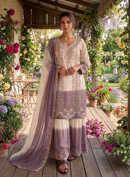 Gorgeous White Dual Tone Georgette Palazzo Suit with Embroidery for Party Wear Ready To Wear Collection