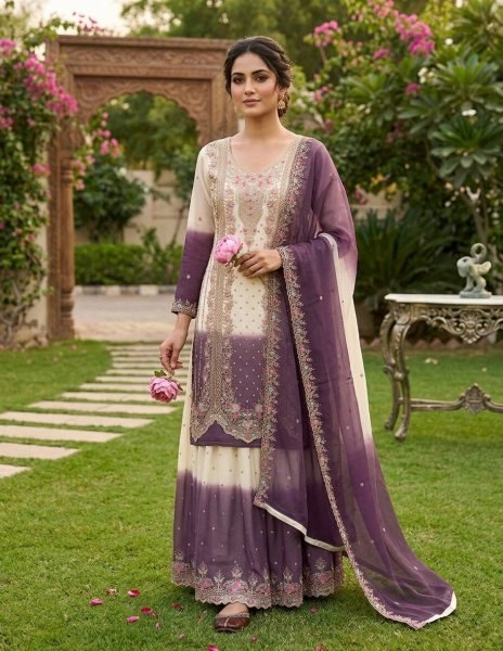 Gorgeous White Dual Tone Georgette Palazzo Suit with Embroidery for Party Wear Ready To Wear Collection