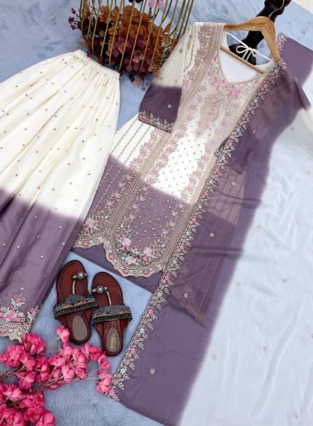 Gorgeous White Dual Tone Georgette Palazzo Suit with Embroidery for Party Wear Ready To Wear Collection