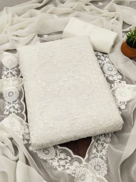 Gorgeous White Georgette Suit Material with Thread and Dupatta Dress Material 