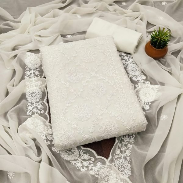 Gorgeous White Georgette Suit Material with Thread and Dupatta Color Set Matching Dress Material Wholesale