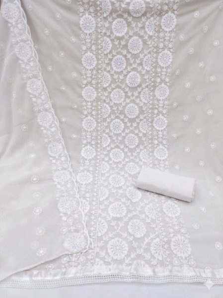 Gorgeous White Georgette Suit Material with Thread and Dupatta Color Set Matching Dress Material Wholesale