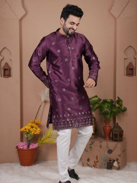 Gorgeous Wine Kurta Set for Men with Heavy Embroidery Work Mens Wear