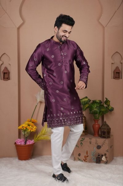 Gorgeous Wine Kurta Set for Men with Heavy Embroidery Work Kurta Pajama Wholesale