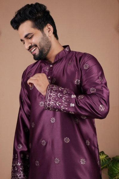 Gorgeous Wine Kurta Set for Men with Heavy Embroidery Work Kurta Pajama Wholesale