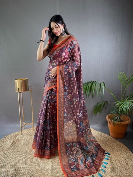 Gorgeous Wine Women s Pure Malai Cotton Saree with Designer Blouse Sarees 