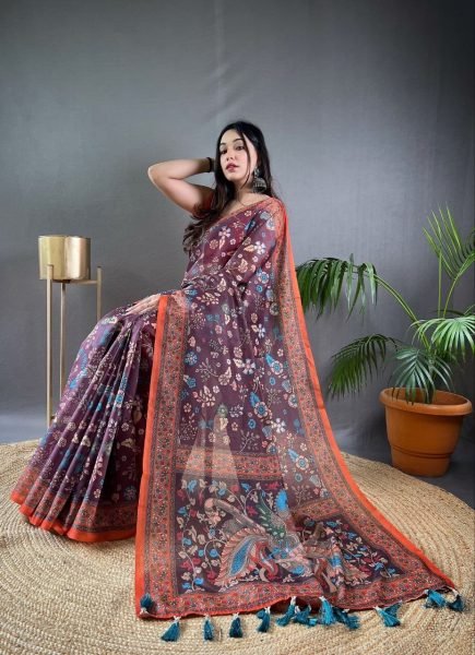 Gorgeous Wine Women s Pure Malai Cotton Saree with Designer Blouse Printed Cotton Sarees Wholesale
