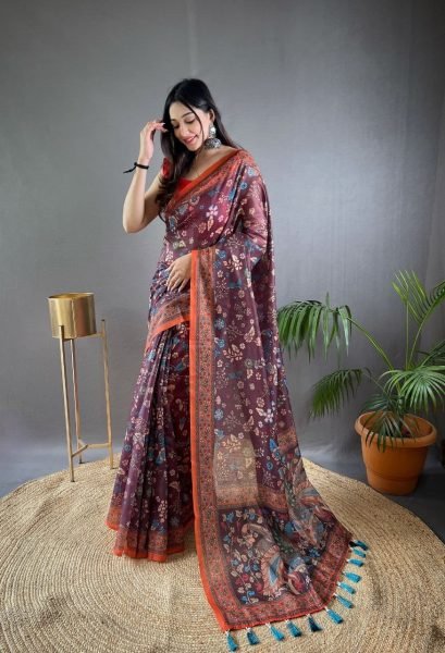 Gorgeous Wine Women s Pure Malai Cotton Saree with Designer Blouse Printed Cotton Sarees Wholesale