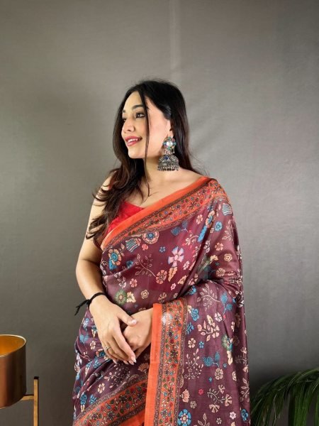 Gorgeous Wine Women s Pure Malai Cotton Saree with Designer Blouse Printed Cotton Sarees Wholesale