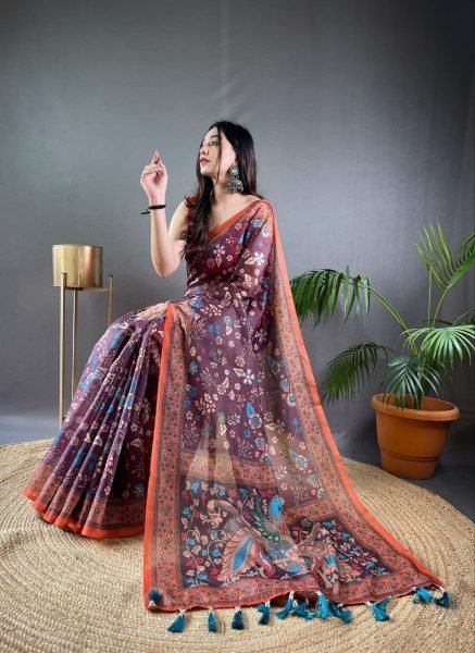 Gorgeous Wine Women s Pure Malai Cotton Saree with Designer Blouse Printed Cotton Sarees Wholesale