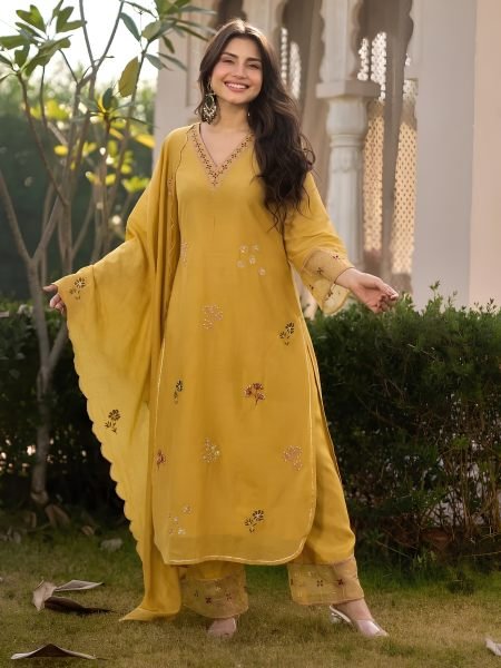 Gorgeous Yellow Elegant Roman Silk Embroidered Kurta with Chanderi Dupatta Kurtis