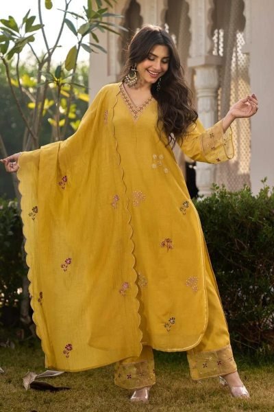 Gorgeous Yellow Elegant Roman Silk Embroidered Kurta with Chanderi Dupatta Embroidery Kurtis 