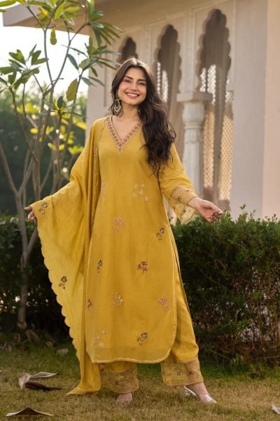 Gorgeous Yellow Elegant Roman Silk Embroidered Kurta with Chanderi Dupatta Embroidery Kurtis 