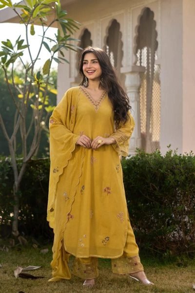 Gorgeous Yellow Elegant Roman Silk Embroidered Kurta with Chanderi Dupatta Embroidery Kurtis 