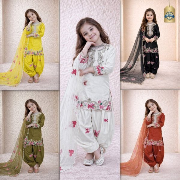 Gorgeous Yellow Kids Crepe Embroidered Salwar Suit Set with Organza Dupatta Girls Wear