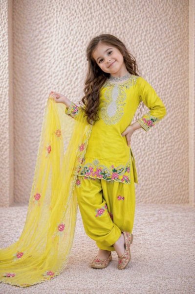 Gorgeous Yellow Kids Crepe Embroidered Salwar Suit Set with Organza Dupatta Girls Wear