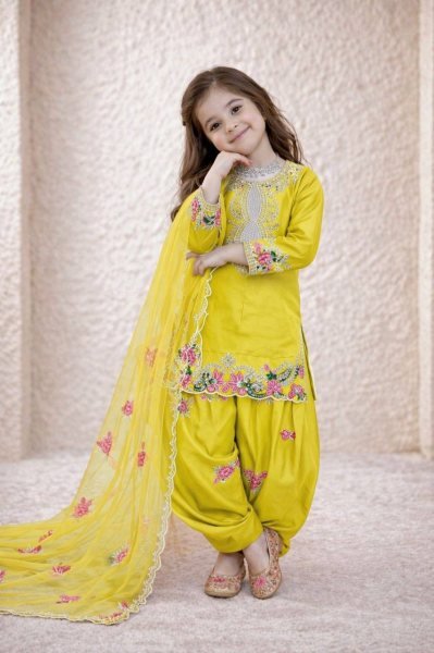 Gorgeous Yellow Kids Crepe Embroidered Salwar Suit Set with Organza Dupatta Girls Wear