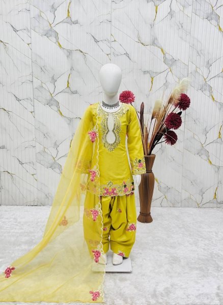 Gorgeous Yellow Kids Crepe Embroidered Salwar Suit Set with Organza Dupatta Girls Wear