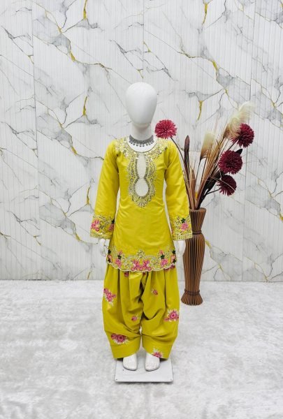 Gorgeous Yellow Kids Crepe Embroidered Salwar Suit Set with Organza Dupatta Girls Wear