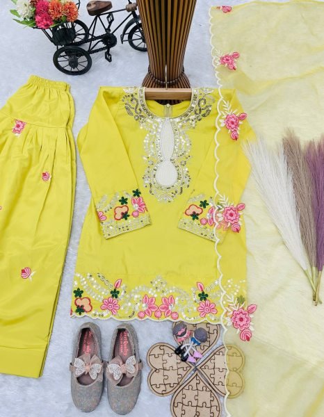 Gorgeous Yellow Kids Crepe Embroidered Salwar Suit Set with Organza Dupatta Girls Wear