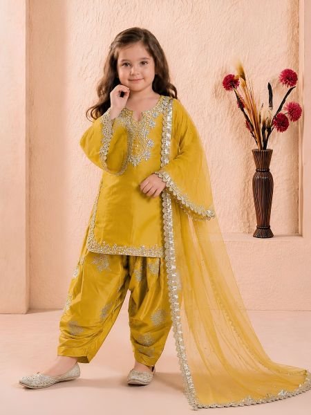 Gorgeous Yellow Kids Roman Glass Silk Farshi Palazzo Suit with Moti and Sequins Work Kurtis