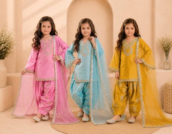Gorgeous Yellow Kids Roman Glass Silk Farshi Palazzo Suit with Moti and Sequins Work Girls Wear