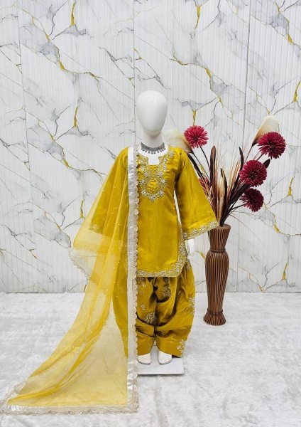 Gorgeous Yellow Kids Roman Glass Silk Farshi Palazzo Suit with Moti and Sequins Work Girls Wear