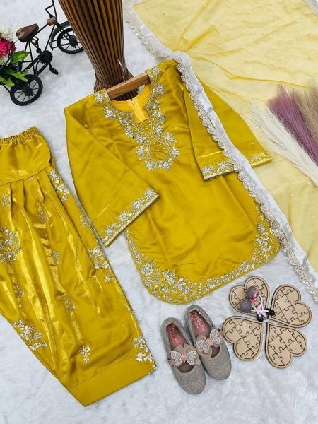 Gorgeous Yellow Kids Roman Glass Silk Farshi Palazzo Suit with Moti and Sequins Work Girls Wear