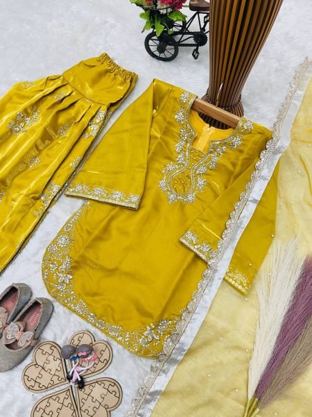 Gorgeous Yellow Kids Roman Glass Silk Farshi Palazzo Suit with Moti and Sequins Work Girls Wear
