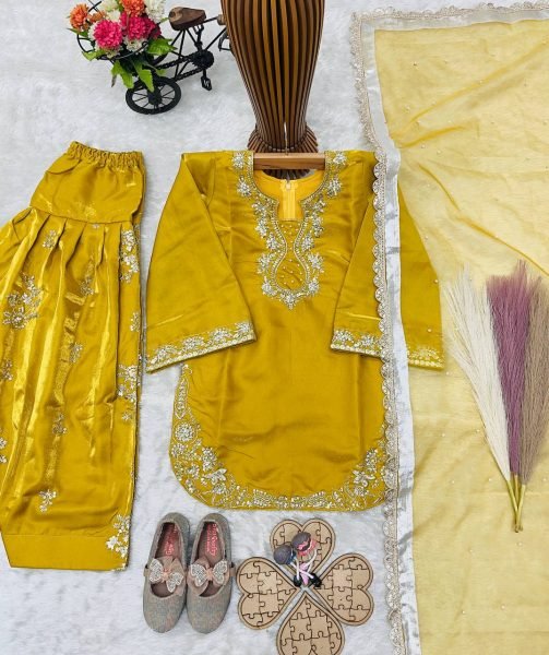Gorgeous Yellow Kids Roman Glass Silk Farshi Palazzo Suit with Moti and Sequins Work Girls Wear