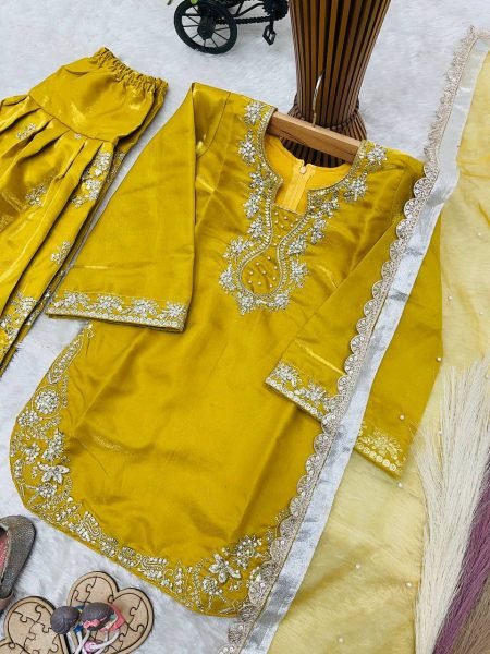 Gorgeous Yellow Kids Roman Glass Silk Farshi Palazzo Suit with Moti and Sequins Work Girls Wear
