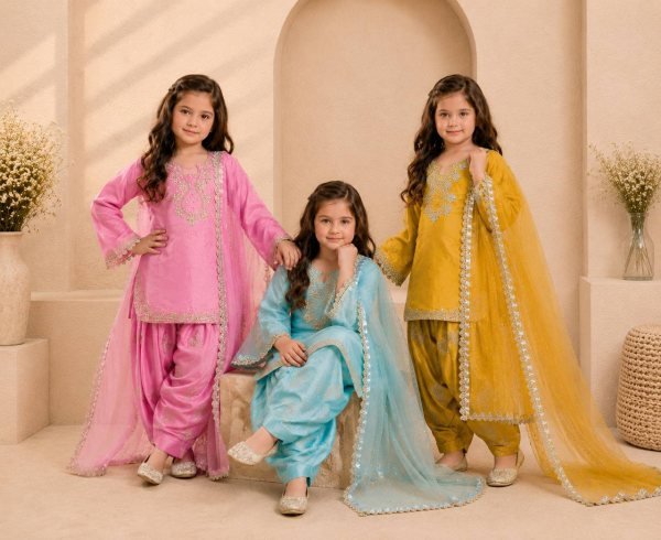 Gorgeous Yellow Kids Roman Glass Silk Farshi Palazzo Suit with Moti and Sequins Work Girls Wear
