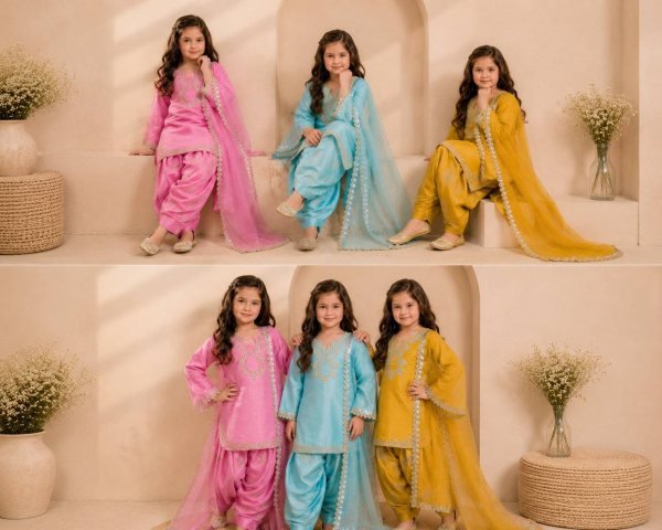 Gorgeous Yellow Kids Roman Glass Silk Farshi Palazzo Suit with Moti and Sequins Work Girls Wear