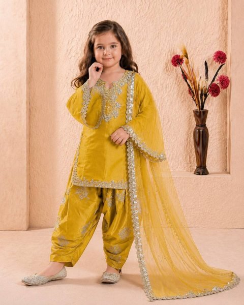 Gorgeous Yellow Kids Roman Glass Silk Farshi Palazzo Suit with Moti and Sequins Work Girls Wear
