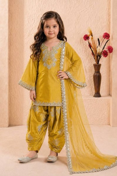 Gorgeous Yellow Kids Roman Glass Silk Farshi Palazzo Suit with Moti and Sequins Work Girls Wear