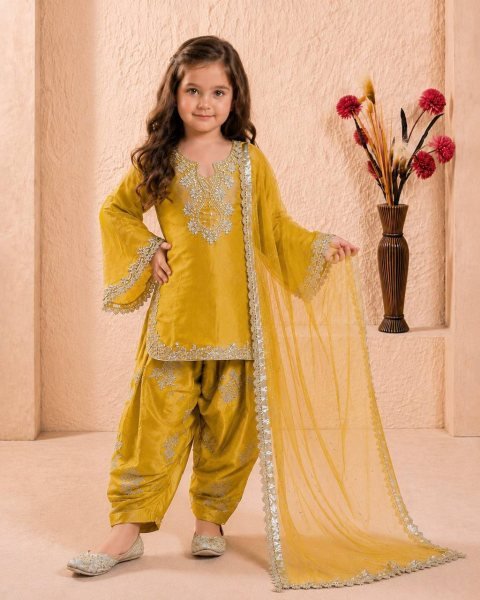 Gorgeous Yellow Kids Roman Glass Silk Farshi Palazzo Suit with Moti and Sequins Work Girls Wear