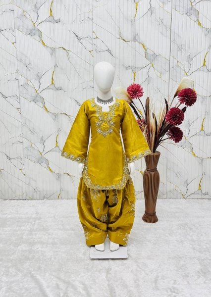 Gorgeous Yellow Kids Roman Glass Silk Farshi Palazzo Suit with Moti and Sequins Work Girls Wear