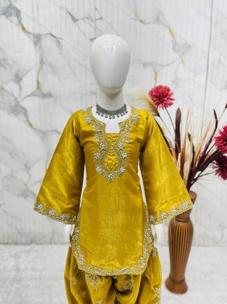 Gorgeous Yellow Kids Roman Glass Silk Farshi Palazzo Suit with Moti and Sequins Work Girls Wear